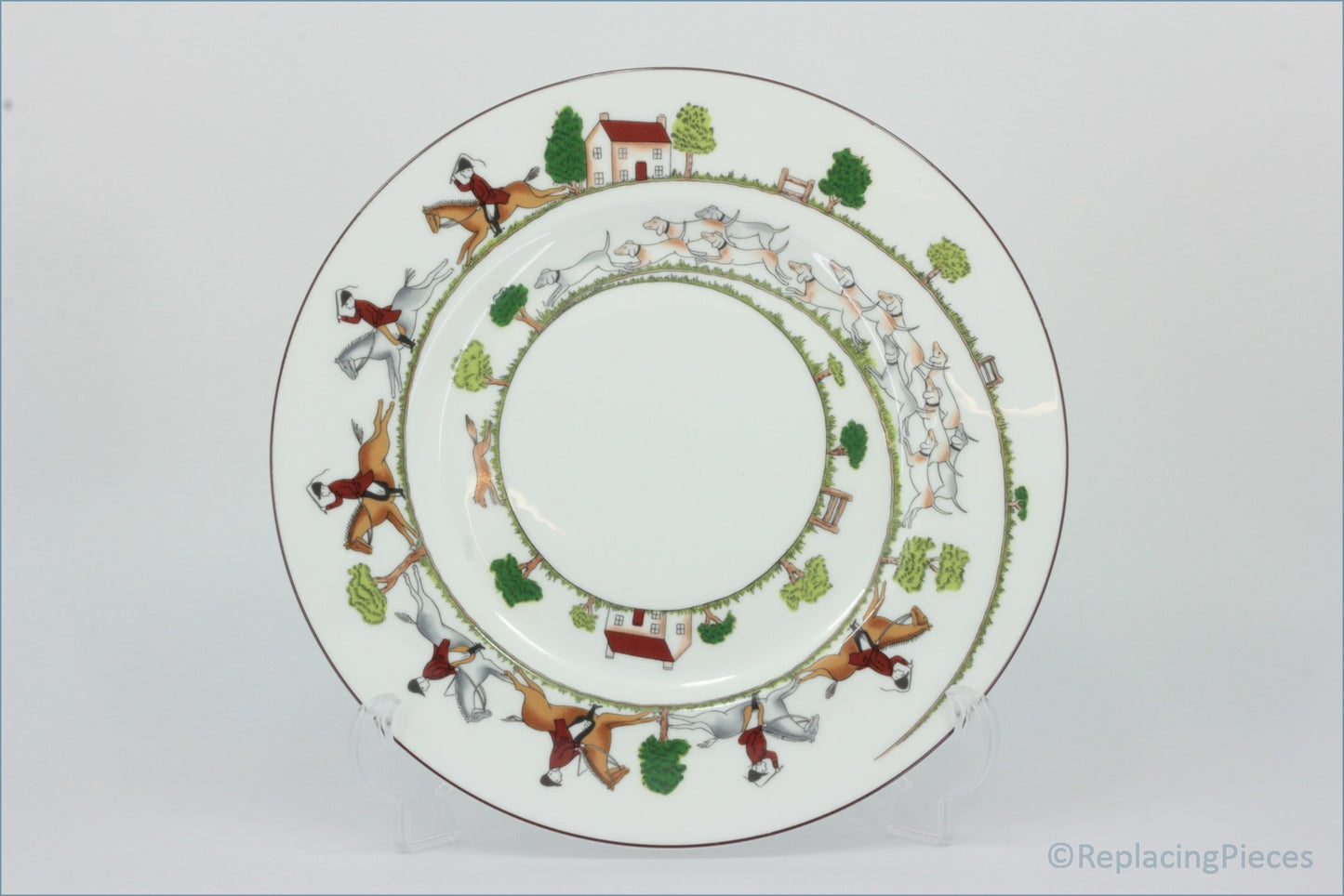 Coalport - Hunting Scene - Dinner Plate - Decorative plate with colorful illustrations of people and trees on a white background
