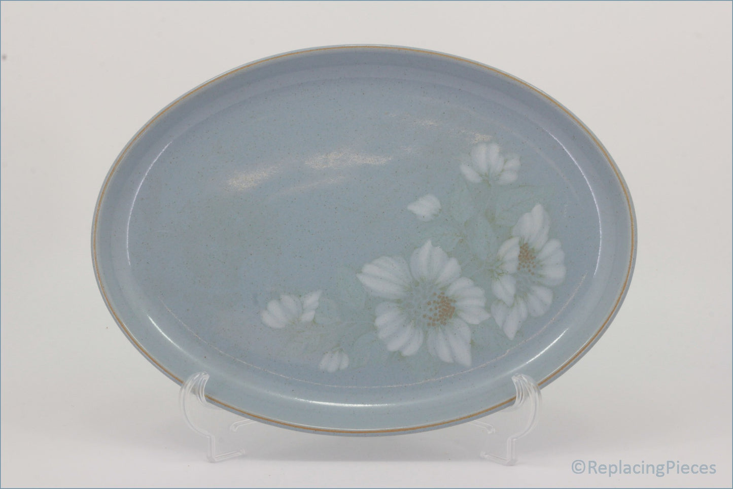 Denby - Blue Dawn - 12 7/8" Oval Platter - Decorative plate with floral design on a light blue background