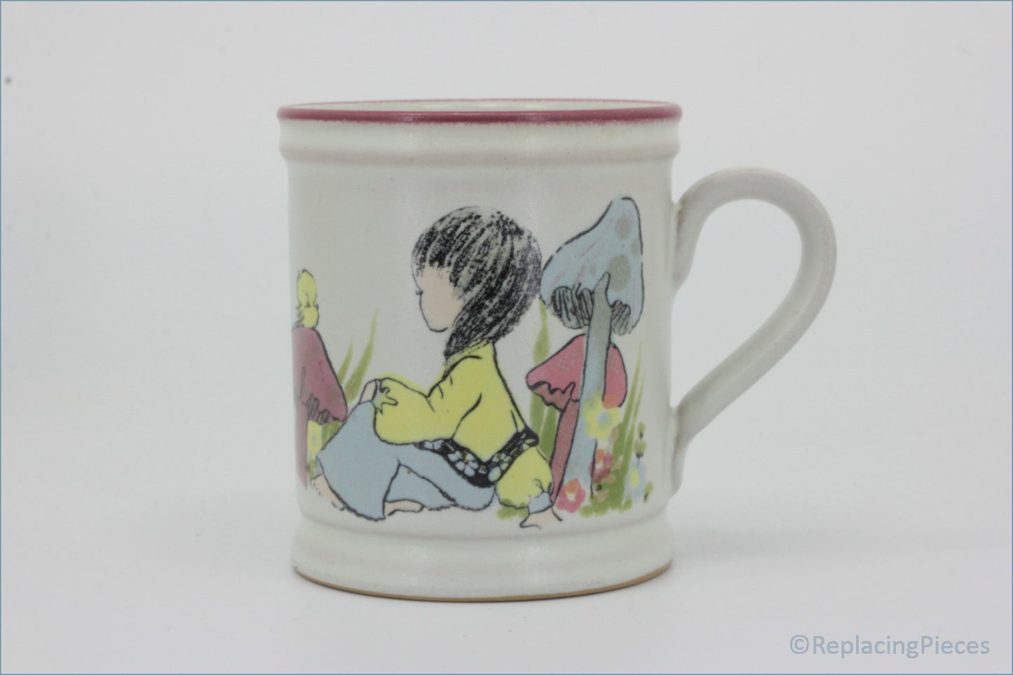 Denby - Dreamweavers - Mug (Pink) - Children's mug with a colorful illustration of a child playing in a garden on a white background