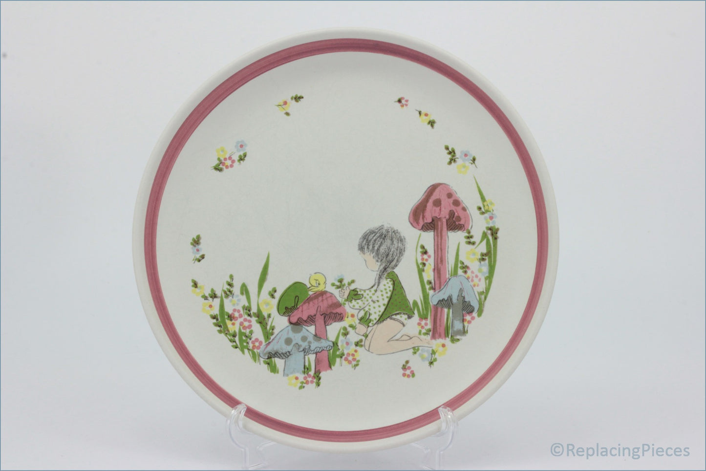 Denby - Dreamweavers - 8 3/8" Salad Plate (Pink) - Decorative plate with fairy tale design featuring mushrooms and fairies on a white background.