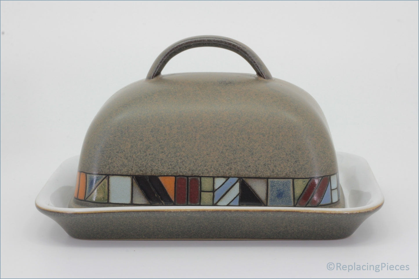 Denby - Marrakesh - Lidded Butter Dish - Ceramic butter dish with geometric mosaic design on a white background