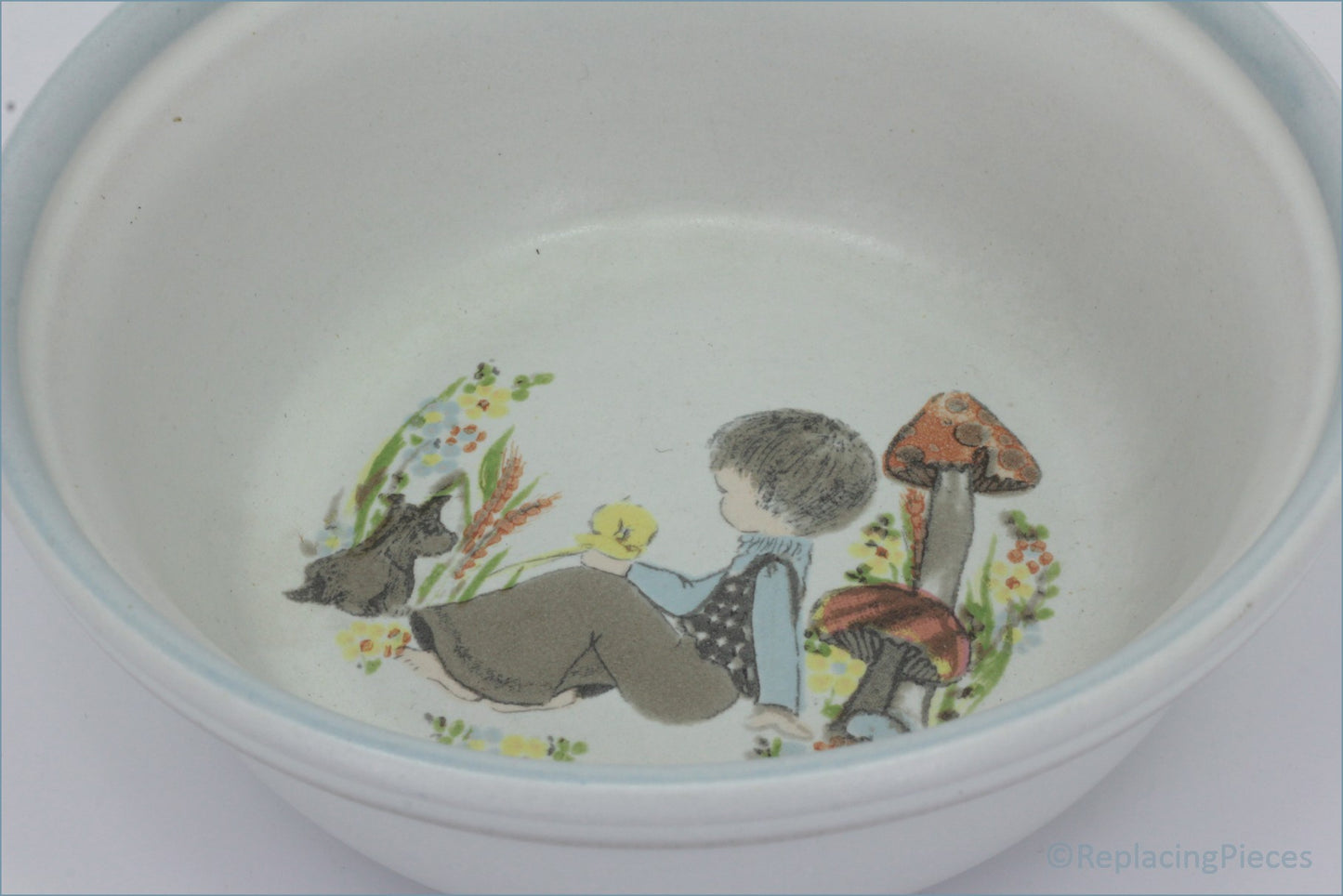 Denby - Dreamweavers - Cereal Bowl (Blue - Ceramic bowl with a child and animal illustration on a white background