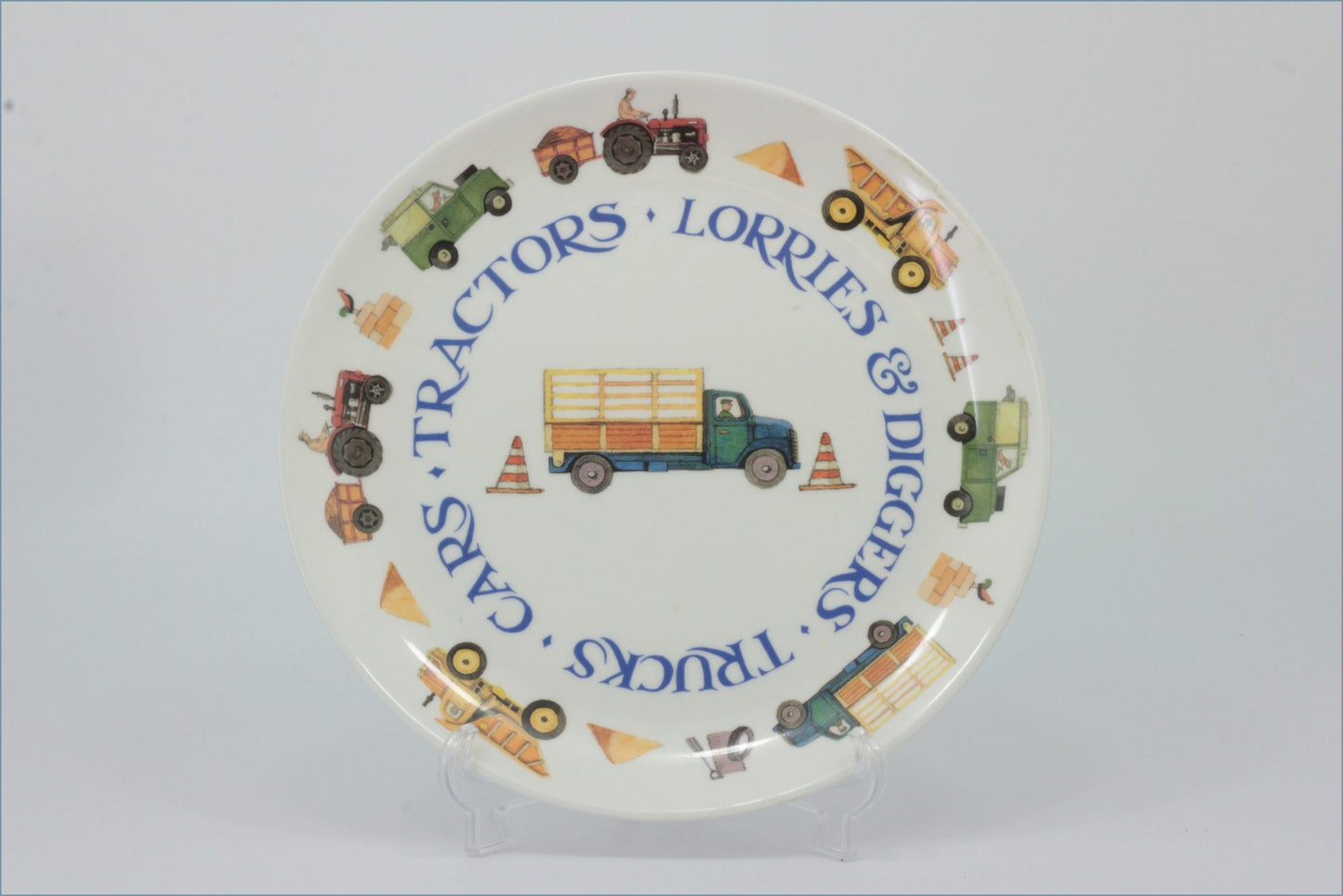 Emma Bridgewater - Men At Work - Melamine 8" Plate - Children's plate with transportation-themed illustrations on a white background