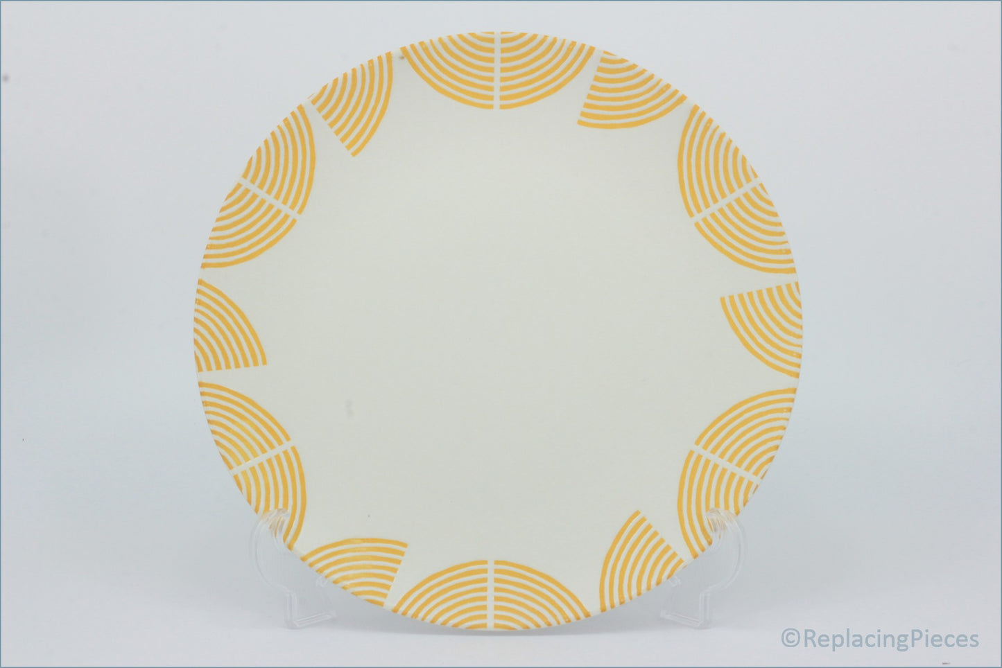 Habitat - Block Print - Dinner Plate - Round paper plate with yellow concentric circle pattern on a white background