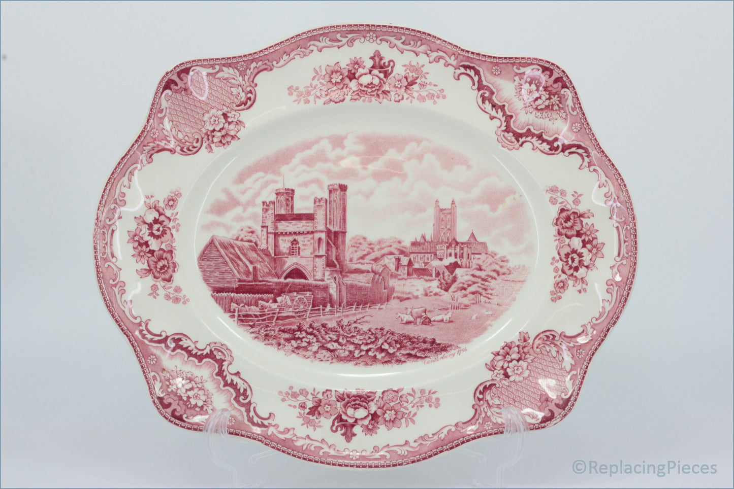 Johnson Brothers - Old Britain Castles (Pink) - 13 1/2" Oblong Platter - Decorative plate with pink floral and architectural design on a white background