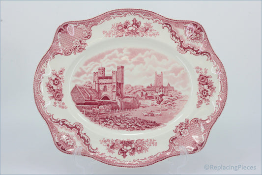 Johnson Brothers - Old Britain Castles (Pink) - 13 1/2" Oblong Platter - Decorative plate with pink floral and architectural design on a white background