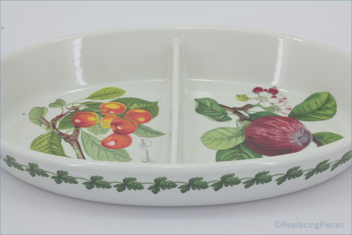 Portmeirion - Pomona - Oval Divided Roaster - Divided dish with fruit design on a white background