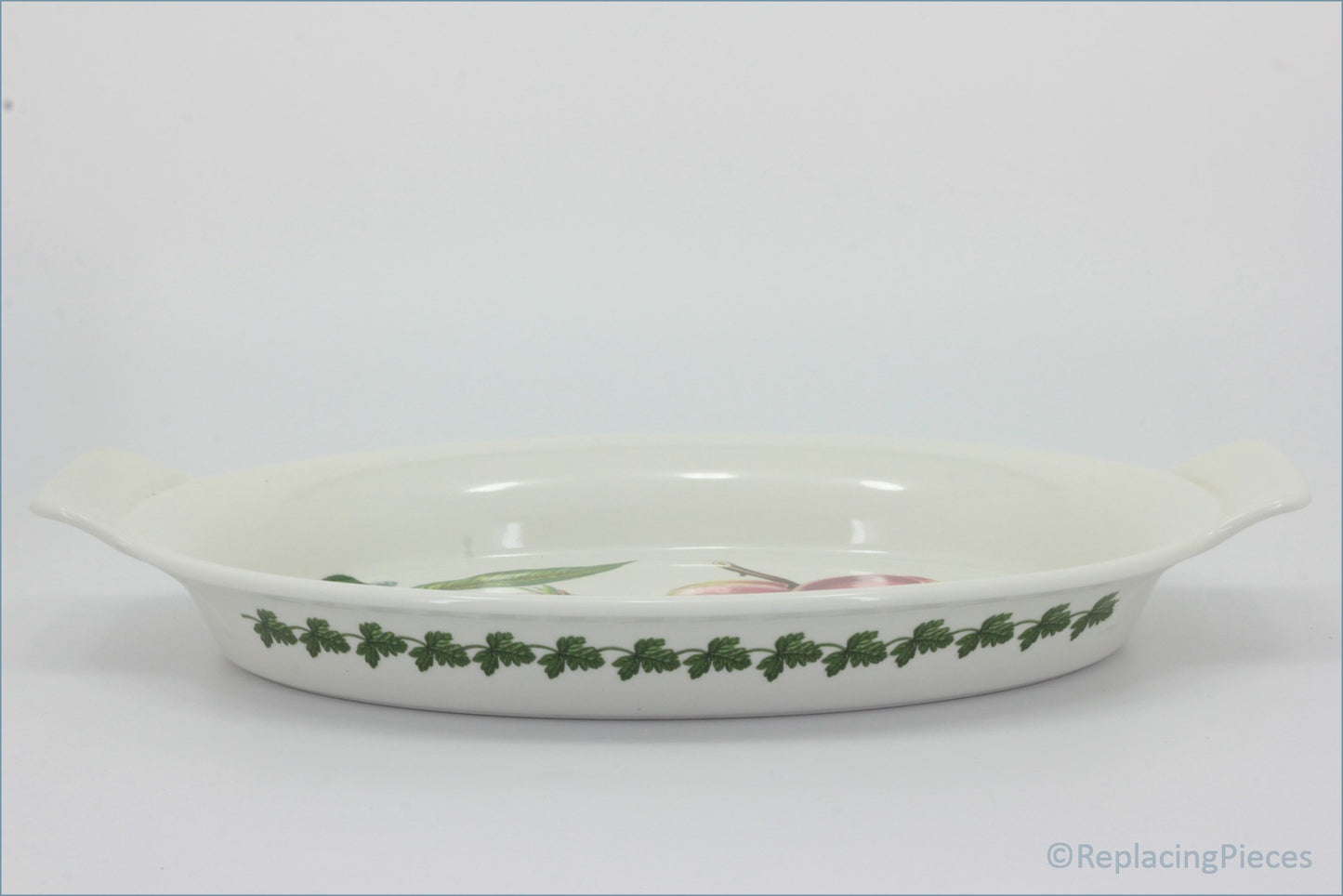 Portmeirion - Pomona - 15" Oval Handled Roaster (Grimwoods Royal George) - White ceramic dish with floral design on a white background