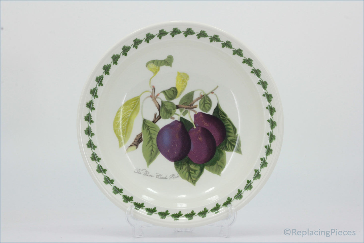 Portmeirion - Pomona - 8 5/8" Rimmed Bowl (The Reine Claude Plum) - Decorative plate with purple fruit design on a white background