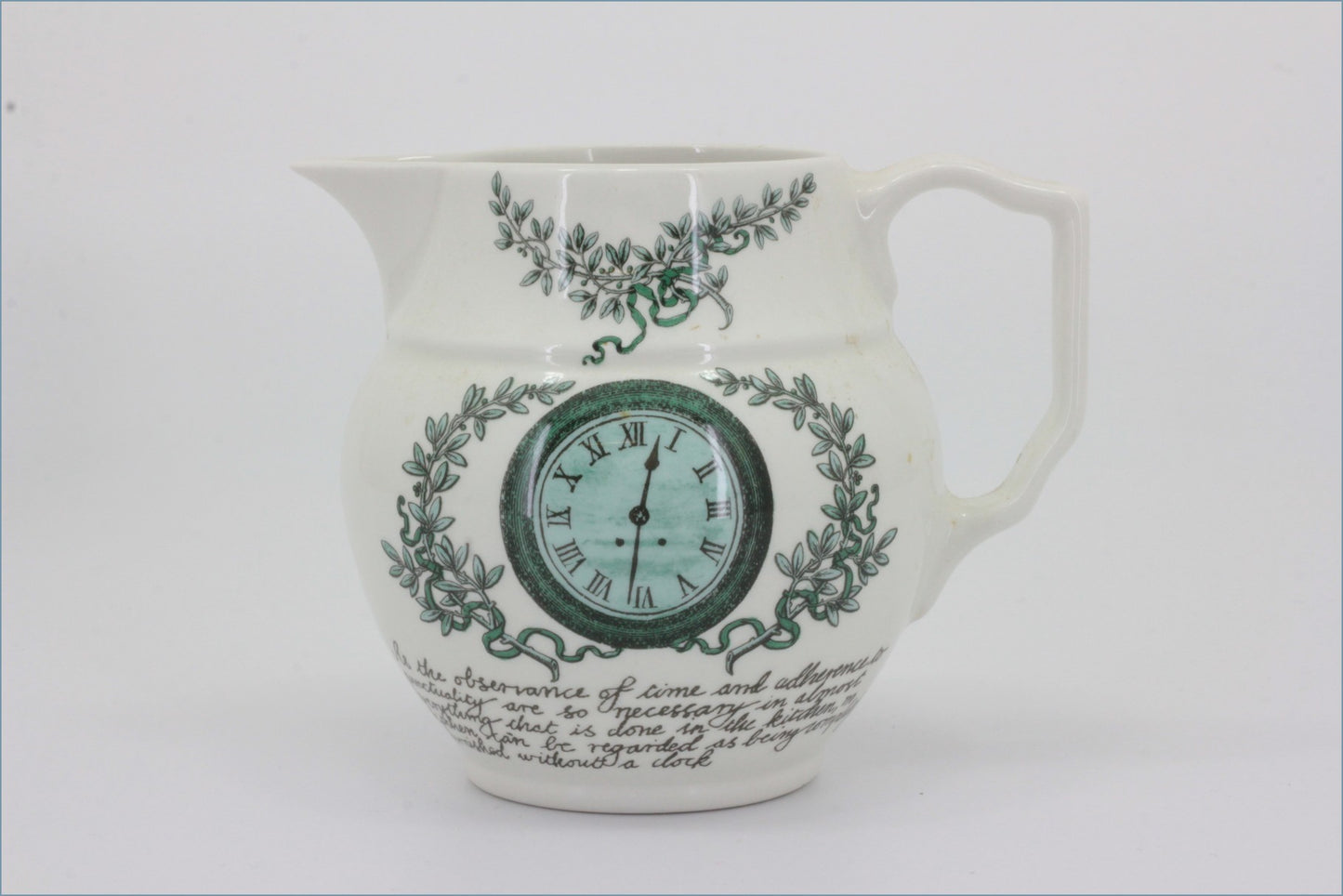 Portmeirion - Victorian Cooks Collection - Milk Jug - Decorative ceramic mug with clock design and text on a white background