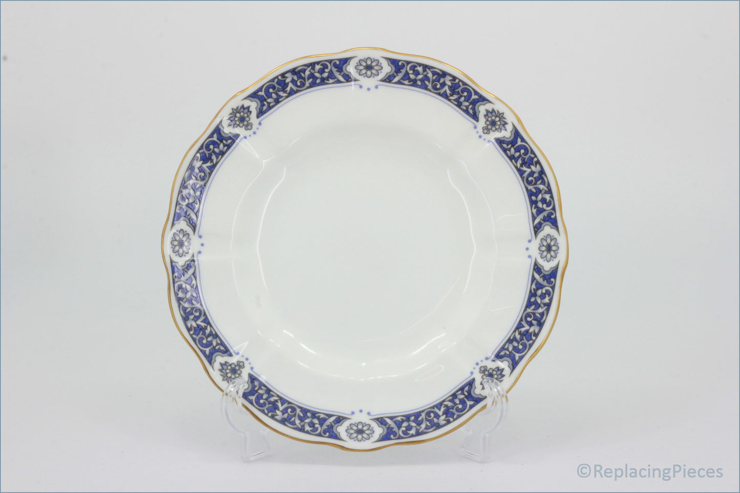 Royal Crown Derby - Milldale (A1326) - 6 1/2" Side Plate - White plate with blue and gold decorative rim on a white background