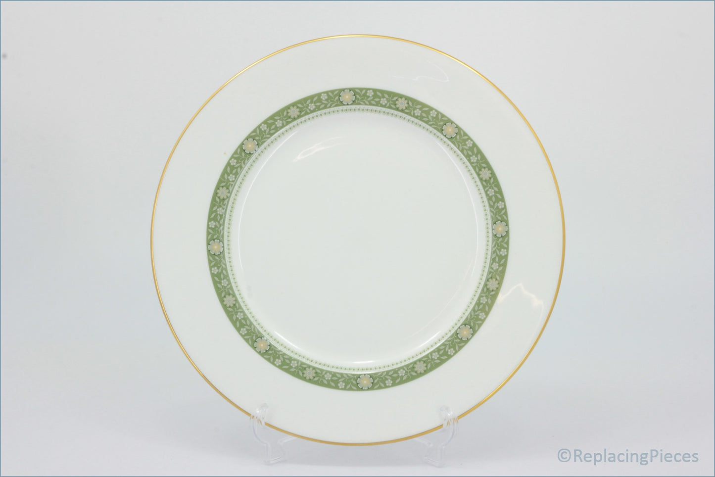 Royal Doulton - Rondelay (H5004) - 9" Luncheon Plate - White plate with green decorative rim on a white background