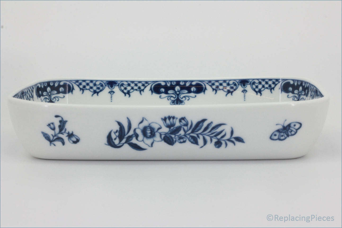 Royal Worcester - Hanbury - 10 1/2" Oblong Roaster - Rectangular white dish with blue floral patterns on a light gray background