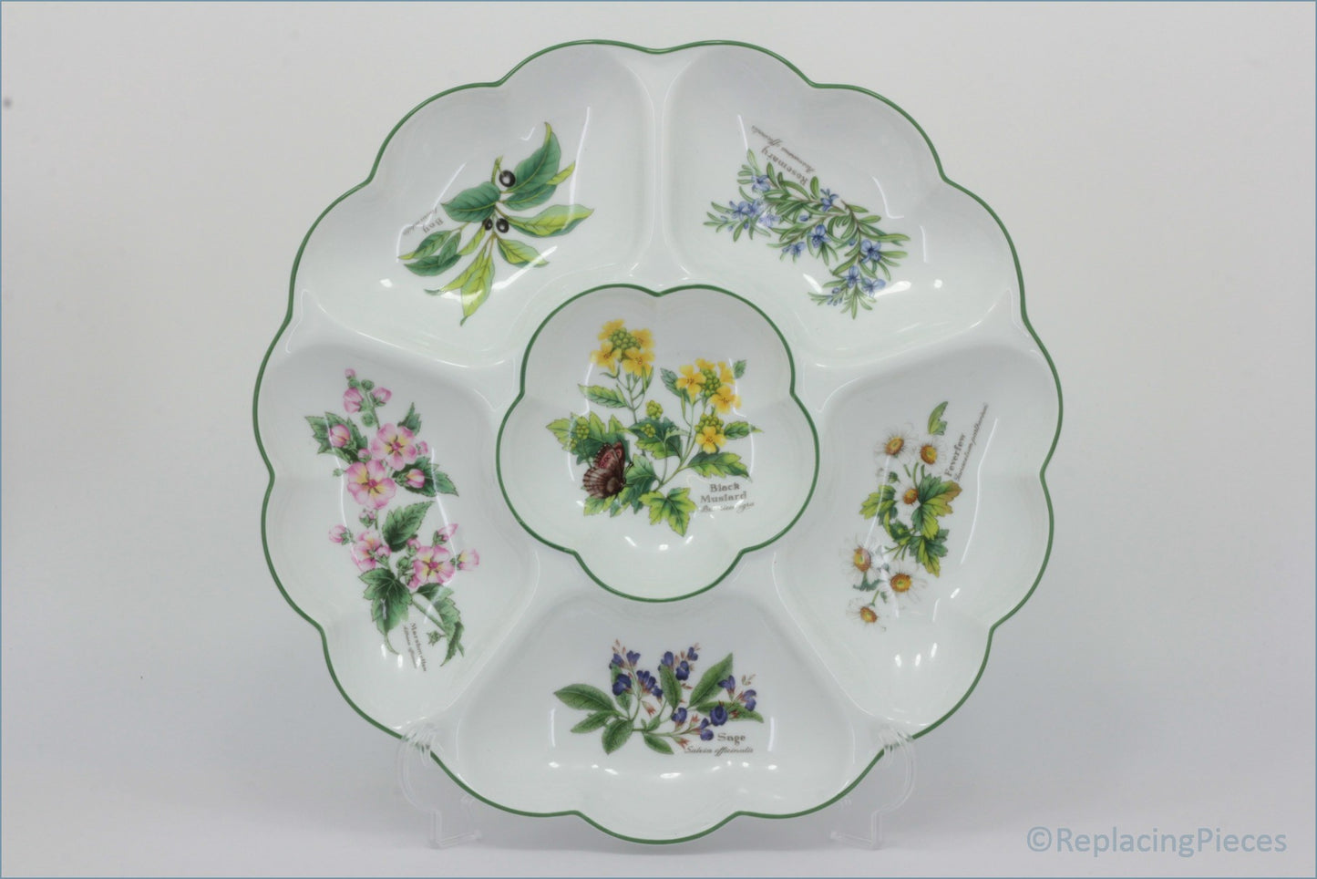 Royal Worcester - Worcester Herbs - 13 5/8" Hors D'oeuvre Dish - Decorative ceramic plate with floral designs on a white background