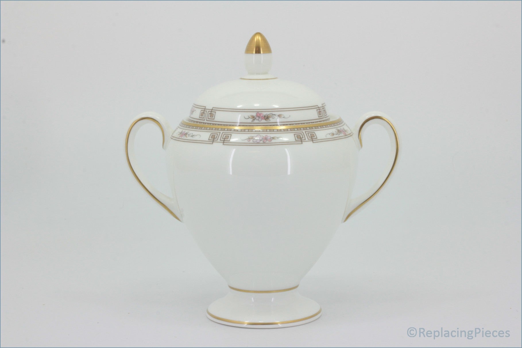 Wedgwood - Colchester - Lidded Sugar Bowl (Tall) - White ceramic sugar bowl with gold accents on a white background