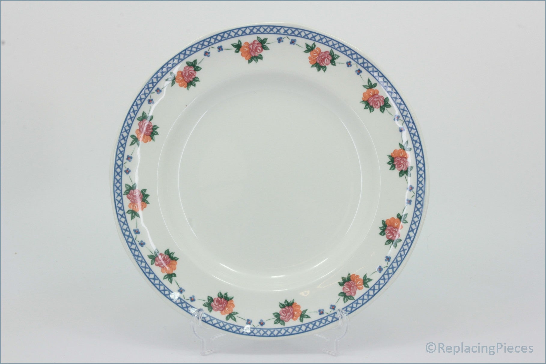 Wedgwood - Trellis Rose - 9" Luncheon Plate - White plate with floral rim design on a white background