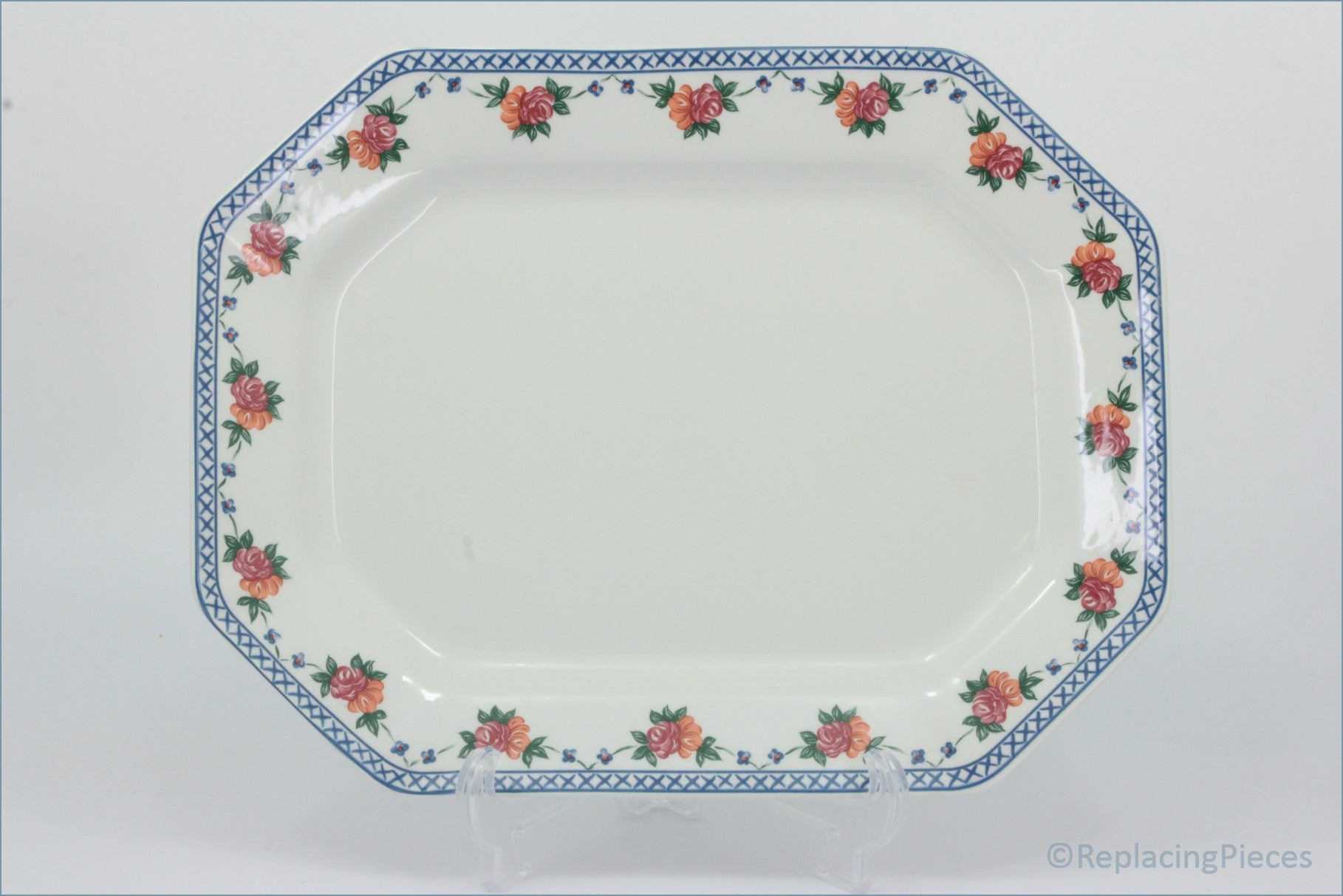 Wedgwood - Trellis Rose - 14 1/4" Oblong Platter - Decorative ceramic platter with floral pattern on a plain background