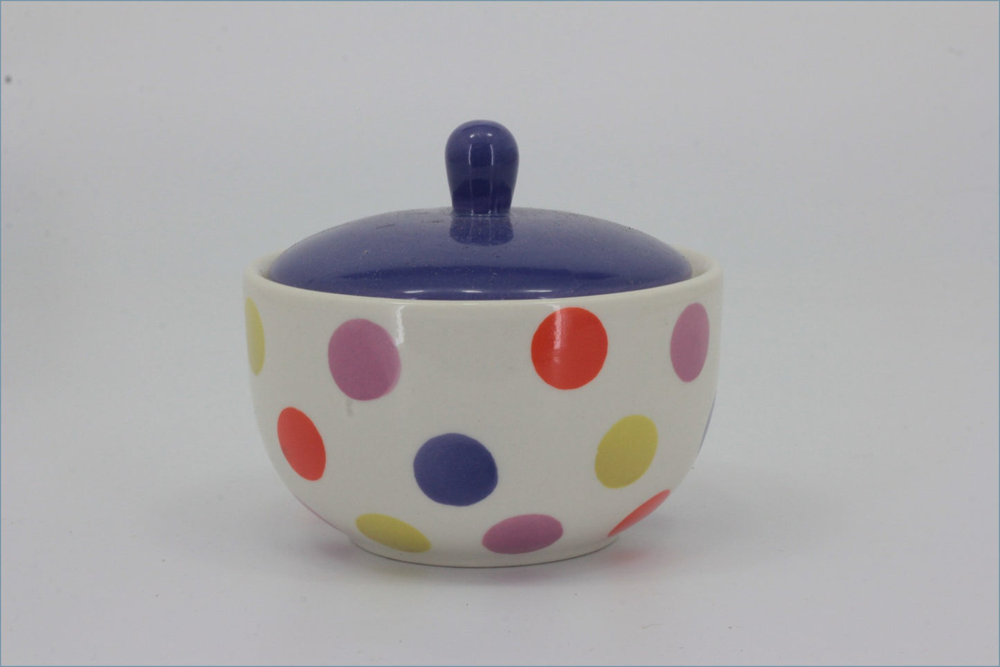 RPW281 - Whittards - Lidded Sugar Bowl (Purple Multi Coloured Spot)
