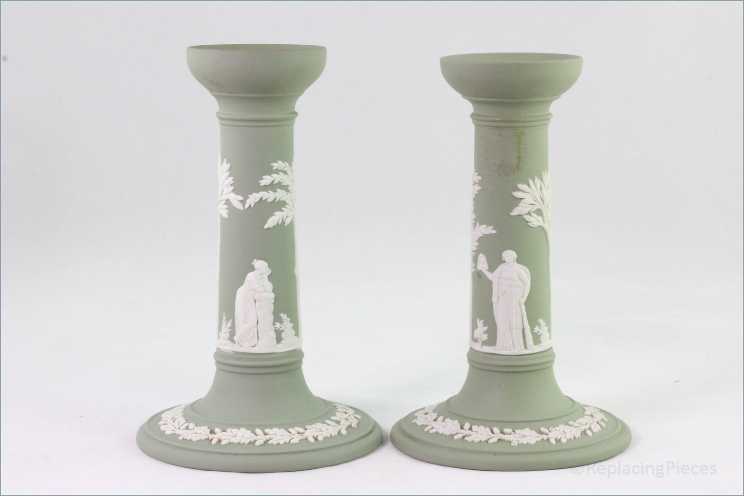 Wedgwood - Jasperware (Sage Green) - Pair Of Tall Candlesticks