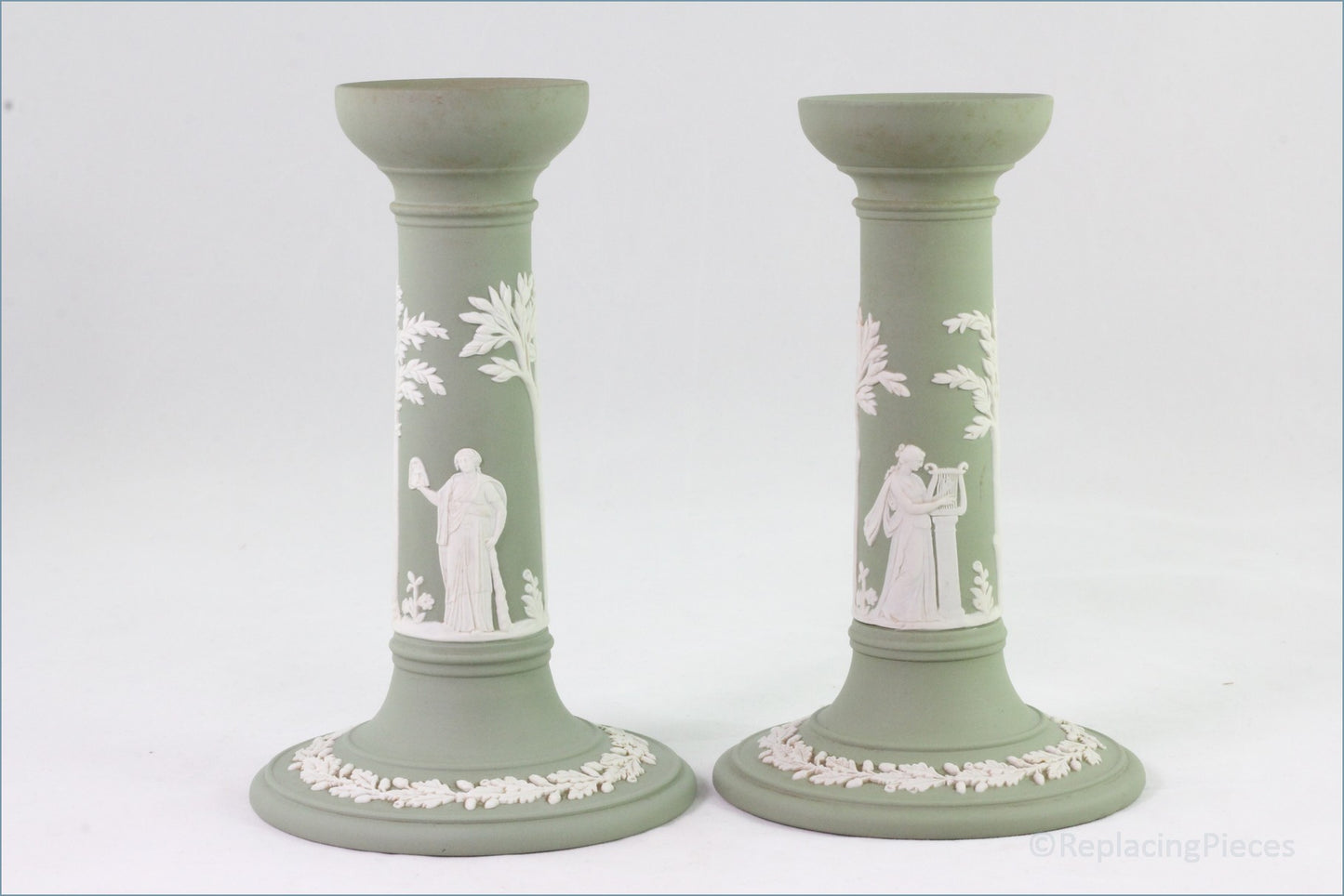 Wedgwood - Jasperware (Sage Green) - Pair Of Tall Candlesticks