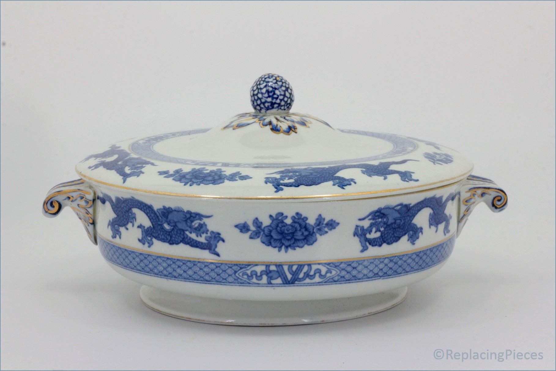 Booths - Blue Dragon - Lidded Vegetable Dish - Blue and white ceramic tureen with lid on a white background