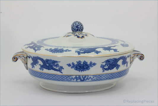 Booths - Blue Dragon - Lidded Vegetable Dish - Blue and white ceramic tureen with lid on a white background