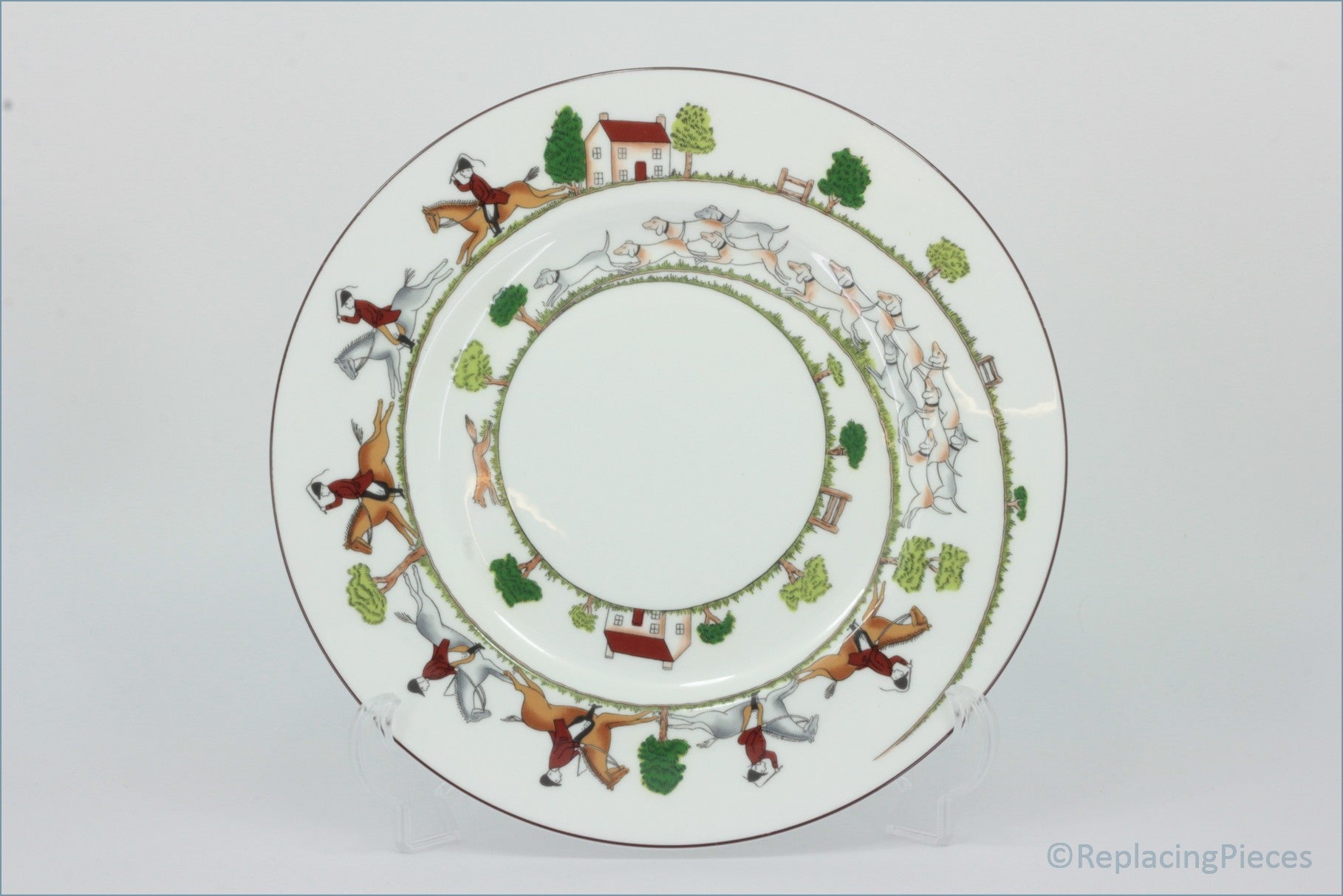 Coalport - Hunting Scene - Dinner Plate - Decorative plate with colorful illustrations of people and trees on a white background