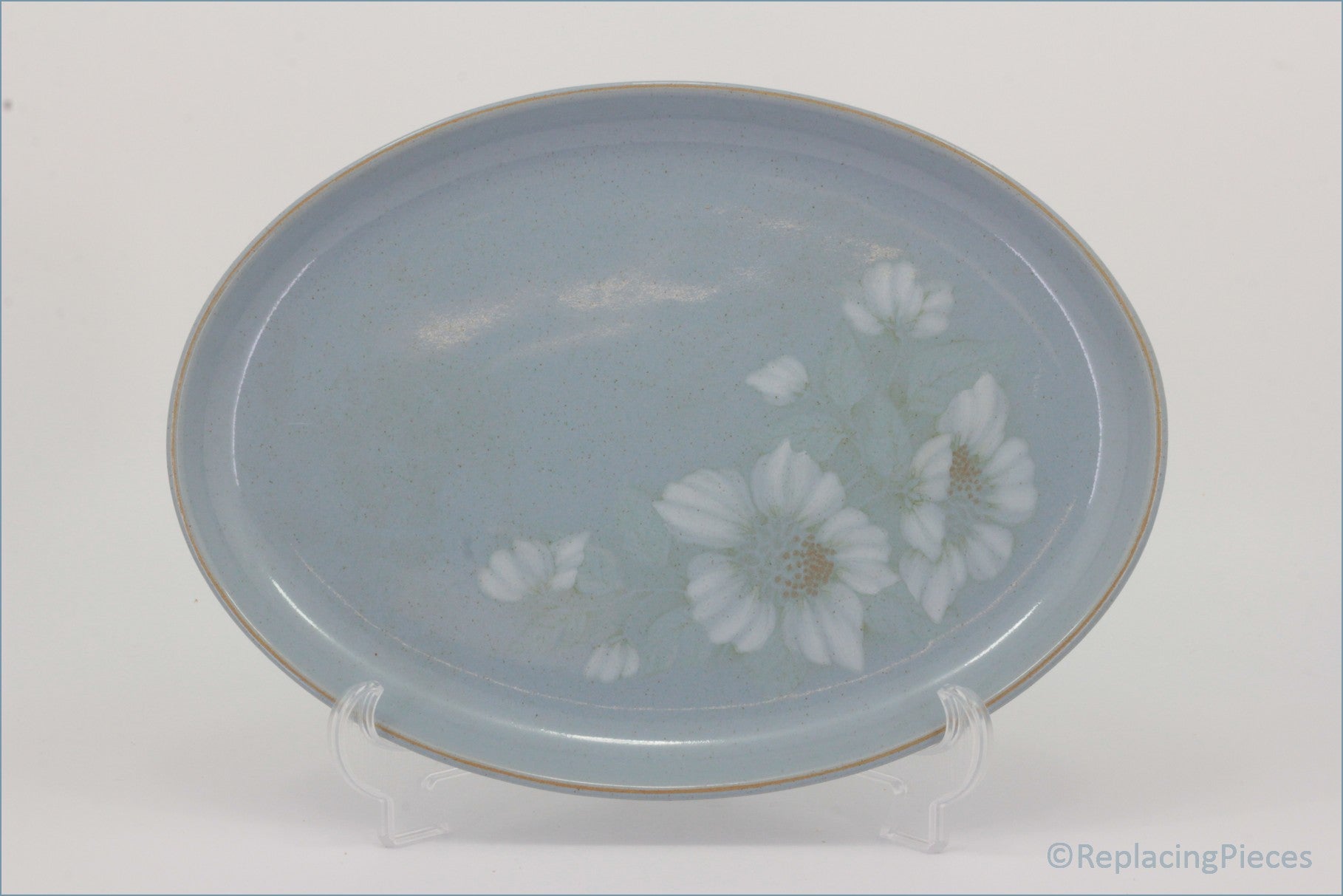 Denby - Blue Dawn - 12 7/8" Oval Platter - Decorative plate with floral design on a light blue background