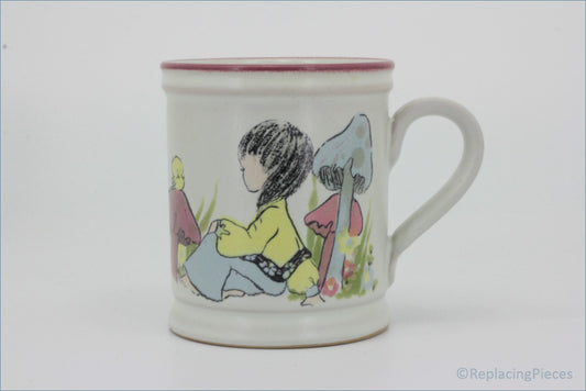 Denby - Dreamweavers - Mug (Pink) - Children's mug with a colorful illustration of a child playing in a garden on a white background