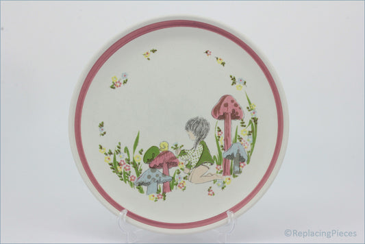 Denby - Dreamweavers - 8 3/8" Salad Plate (Pink) - Decorative plate with fairy tale design featuring mushrooms and fairies on a white background.