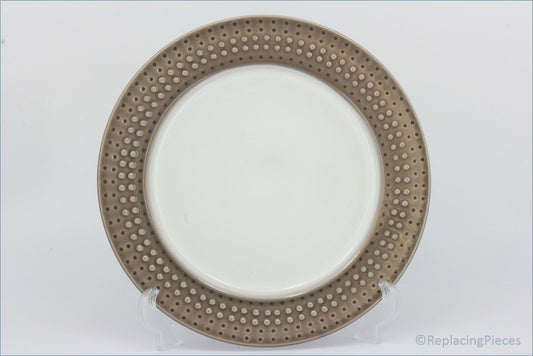 Denby - Intro (Mocha) - Dinner Plate  - Decorative ceramic plate with a brown rim featuring small dos on a white background.