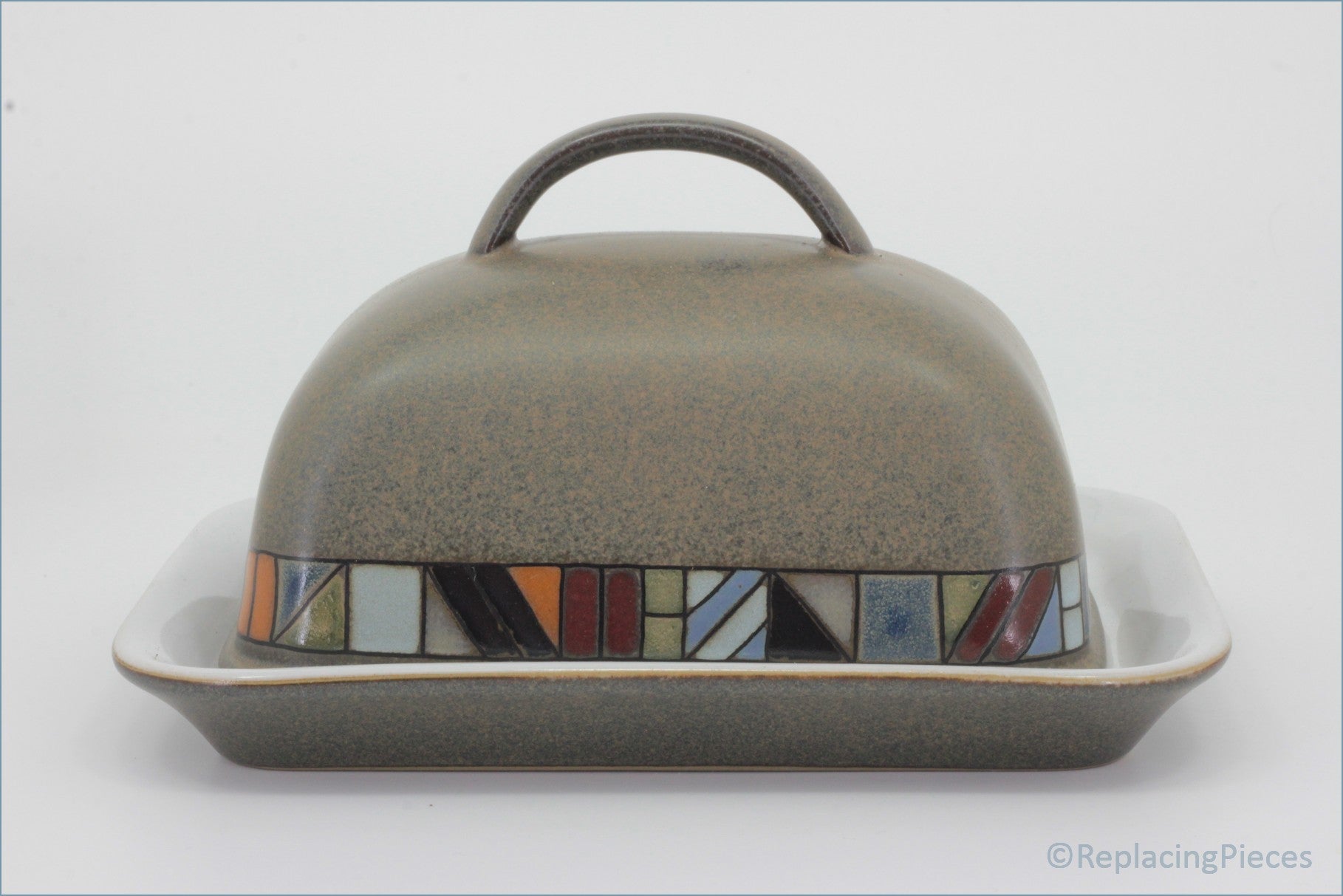 Denby - Marrakesh - Lidded Butter Dish - Ceramic butter dish with geometric mosaic design on a white background