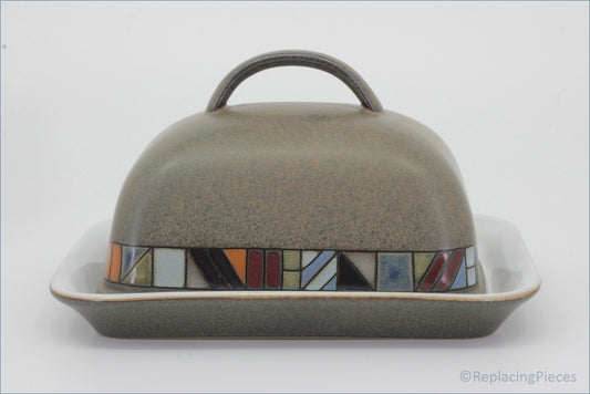 Denby - Marrakesh - Lidded Butter Dish - Ceramic butter dish with geometric mosaic design on a white background