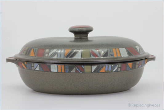 Denby - Marrakesh - Oval Casserole Dish - Gray ceramic casserole dish with a colorful geometric pattern on the lid against a white background