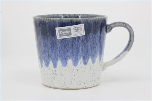 Denby - Studio (Blue Accent) - A ceramic coffee mug with a blue and white dripping glaze design