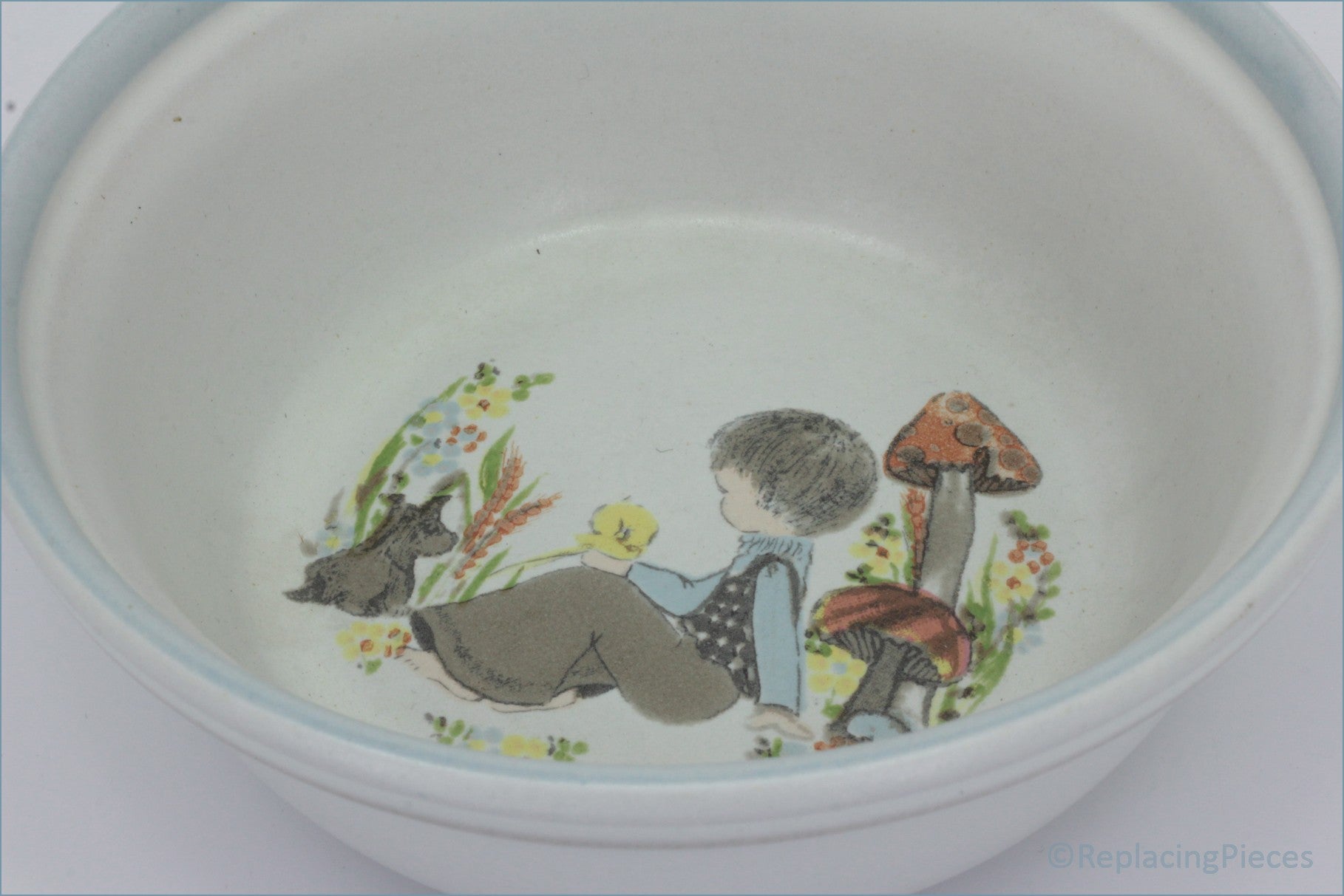 Denby - Dreamweavers - Cereal Bowl (Blue - Ceramic bowl with a child and animal illustration on a white background