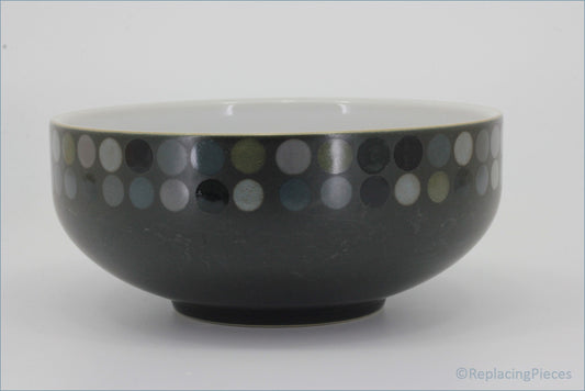 Denby - Jet - Cereal Bowl (Dots) - Black ceramic bowl with white polka dots on a white background