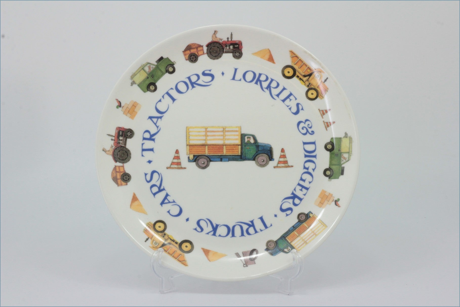 Emma Bridgewater - Men At Work - Melamine 8" Plate - Children's plate with transportation-themed illustrations on a white background