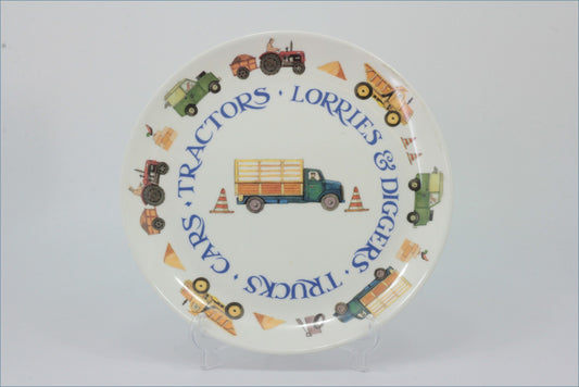 Emma Bridgewater - Men At Work - Melamine 8" Plate - Children's plate with transportation-themed illustrations on a white background