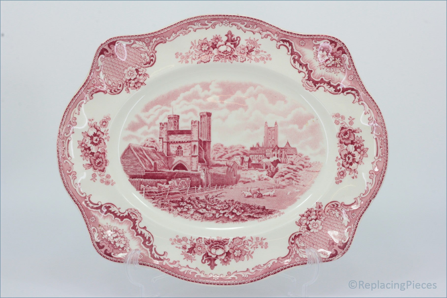Johnson Brothers - Old Britain Castles (Pink) - 13 1/2" Oblong Platter - Decorative plate with pink floral and architectural design on a white background