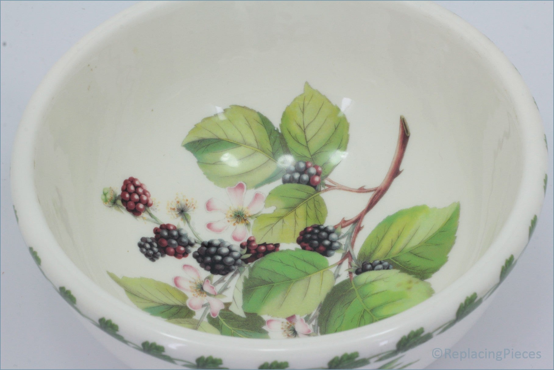 Ceramic bowl with blackberry and leaf design on a plain background - Portmeirion - Pomona - 5 1/2" Cereal Bowl (The Wild Blackberry)