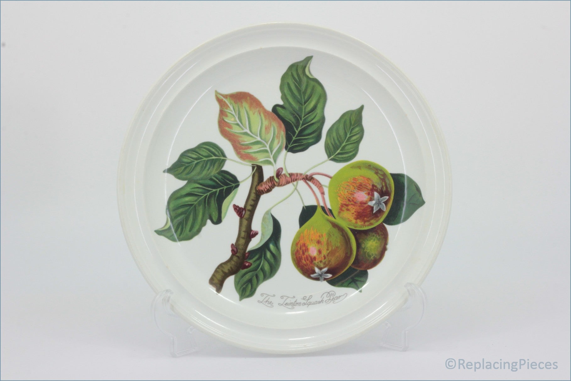 Decorative plate with a botanical design of apples and leaves on a white - Portmeirion - Pomona - Dinner Plate (The Teignton Squash Pear)background