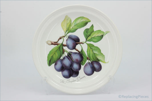Decorative plate with a design of plums and leaves on a white background - Portmeirion - Pomona - Dinner Plate (The Shropshire Damson)
