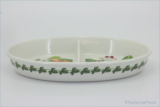Portmeirion - Pomona - Oval Divided RoasterWhite ceramic platter with floral patterns on a white background- 