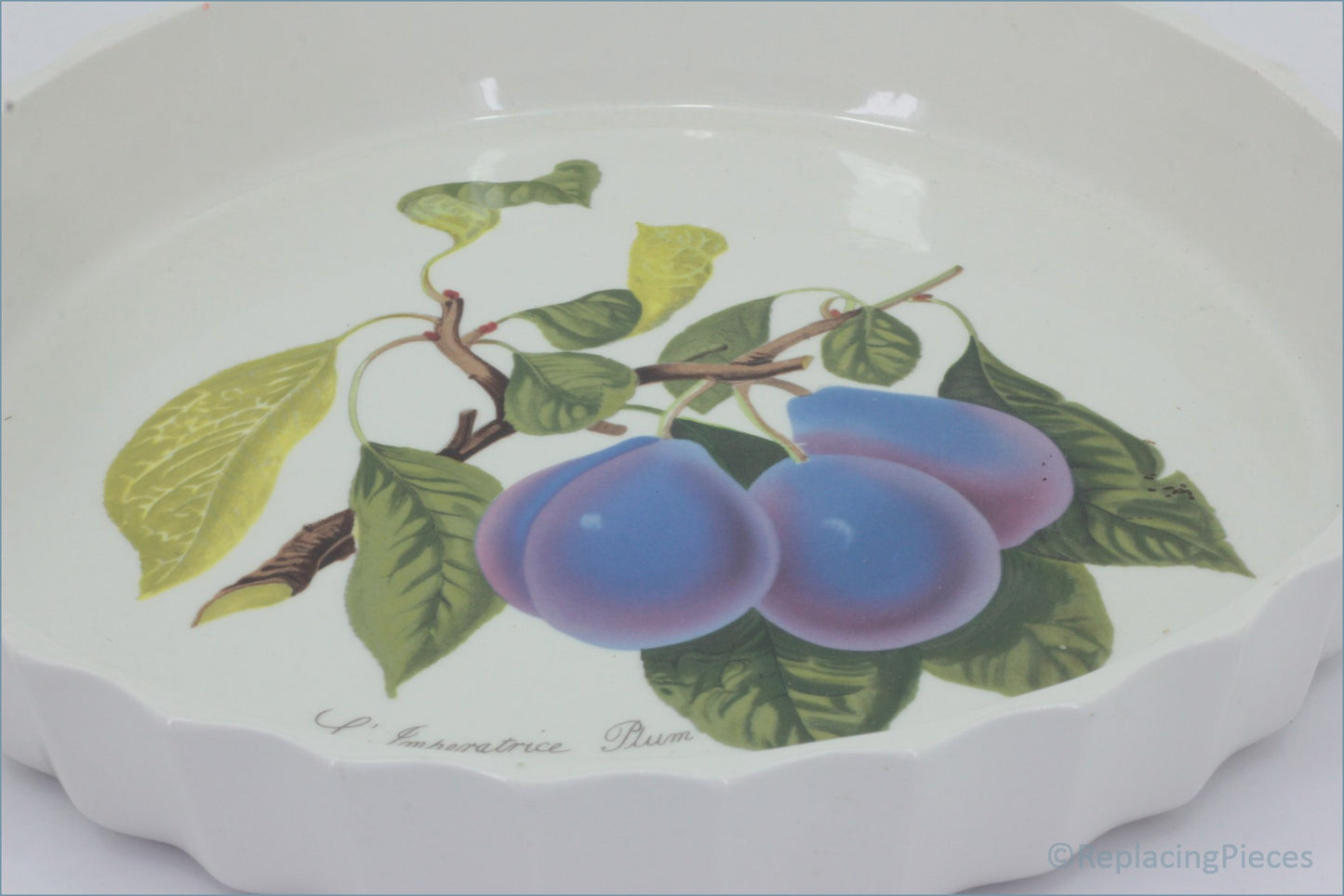 Portmeirion - Pomona - 11" Flan Dish (L'Imperatrice Plum) - Decorative flan dish with botanical illustration of plums and leaves on a white background