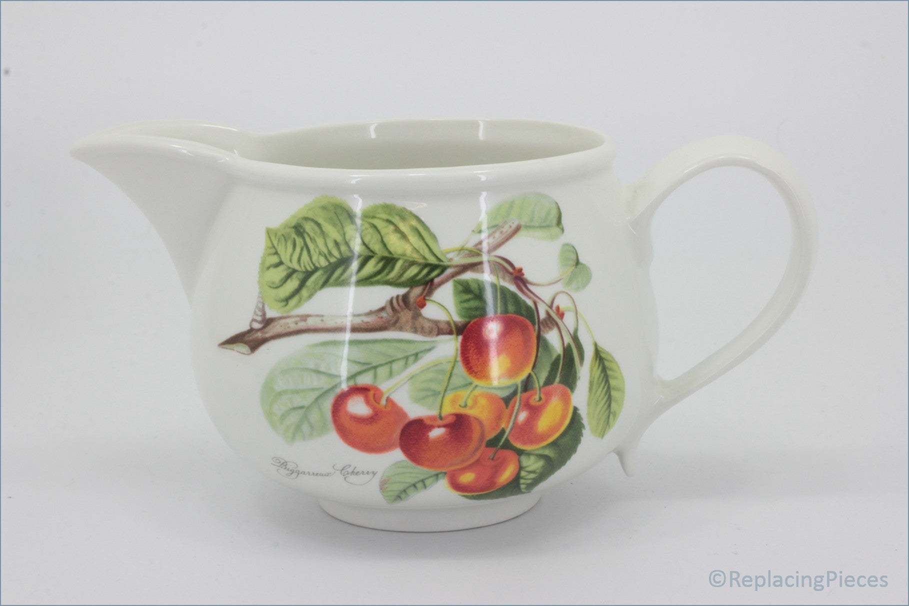 Portmeirion - Pomona - Gravy Boat (The Biggarreux Cherry) - White ceramic pitcher with cherry design on a white background