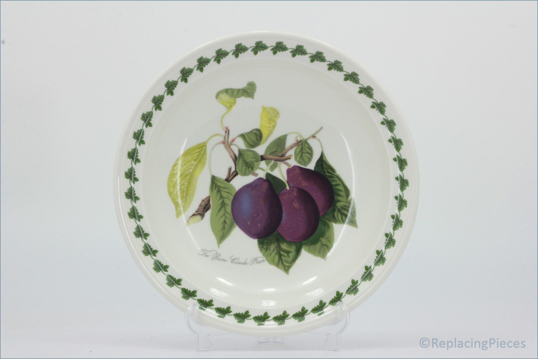 Portmeirion - Pomona - 8 5/8" Rimmed Bowl (The Reine Claude Plum) - Decorative plate with purple fruit design on a white background