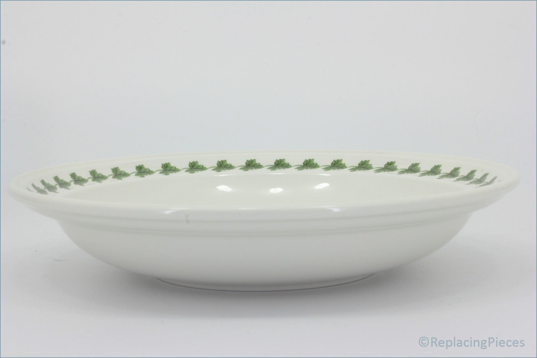 Portmeirion - Pomona - 8 5/8" Rimmed Bowl (Grimwoods Royal George) - White ceramic bowl with green pattern on a white background