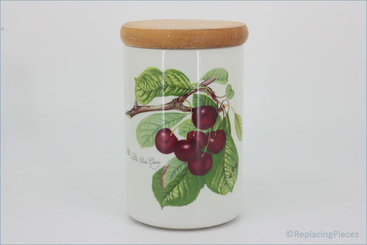 Portmeirion - Pomona - 7" Tall Storage Jar (Late Duke Cherry - no seal) - Decorative jar with cherry design and wooden lid on a white background