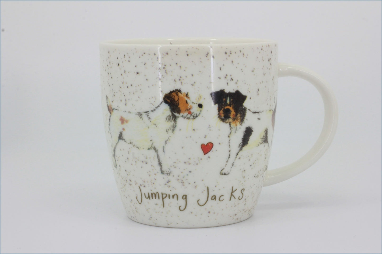 Queens - Delightful Dogs - Mug (Jumping Jacks) - Mug with illustrations of dogs and the text 'Jumping Jacks' on a white background